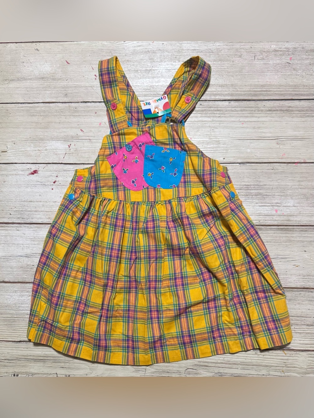 NWT Vintage Gymboree 1995 rainbow tag Goldilocks plaid overalls dress medium 2-3